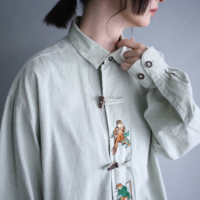 "刺繍" bird and human motif embroidery loose tyrolean shirt
