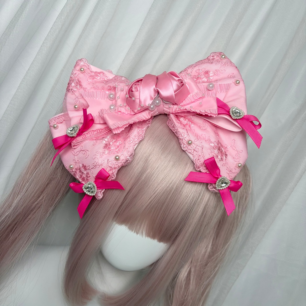 ♡ 姫GAL 薔薇付き ビジュー＆パール リボンヘアクリップ vivid pink×pink ♡