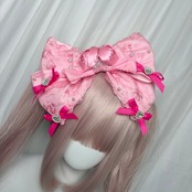 ♡ 姫GAL 薔薇付き ビジュー＆パール リボンヘアクリップ vivid pink×pink ♡