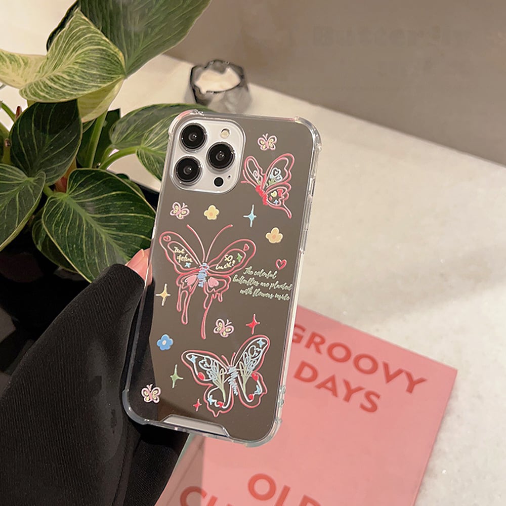 iPhone全機種対応】大人気の鏡面ケース◎バタフライ カラフル イラスト