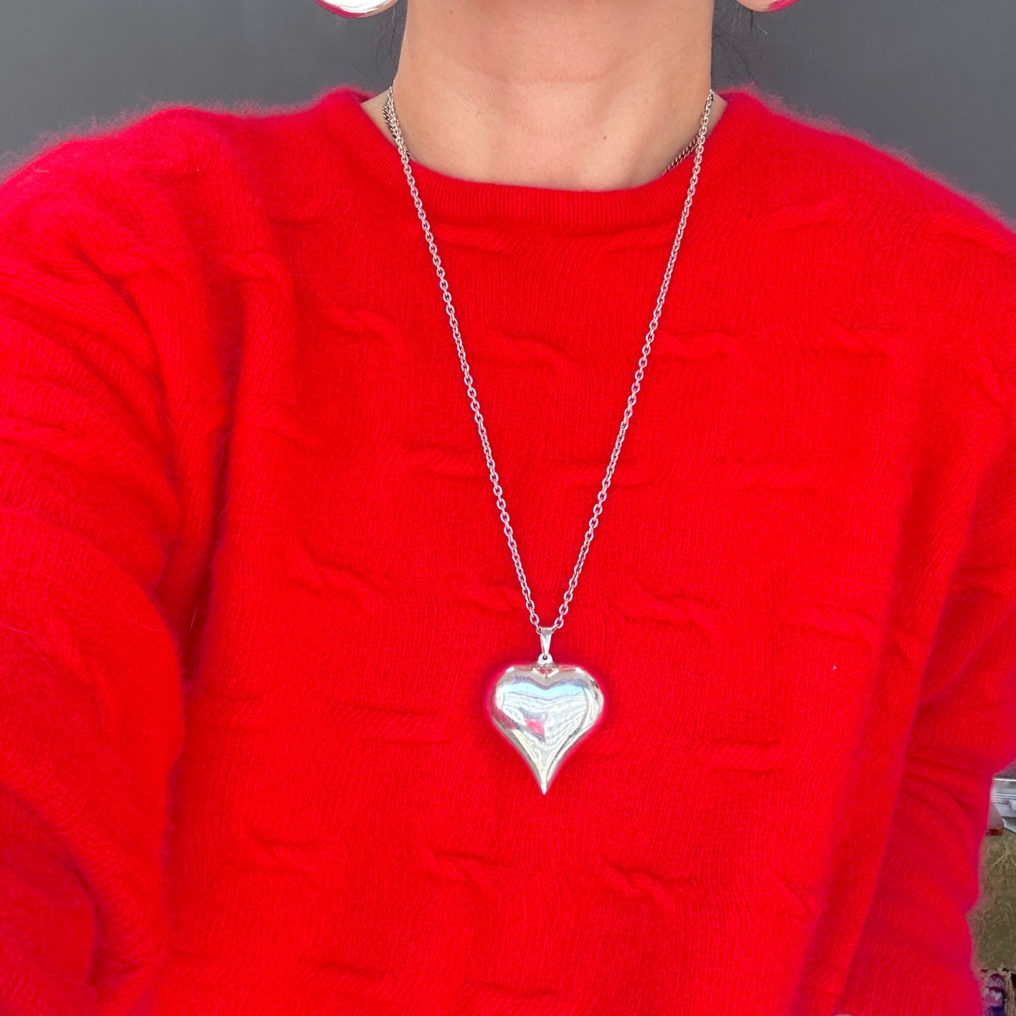 シルバー925 BIG Puffy Heart ロングチェーンネックレス（61cm