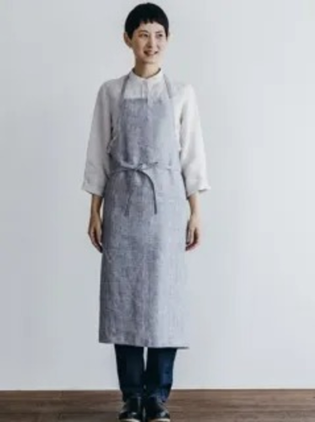 fog linen work リネンフルエプロン グレーホワイトストライプ