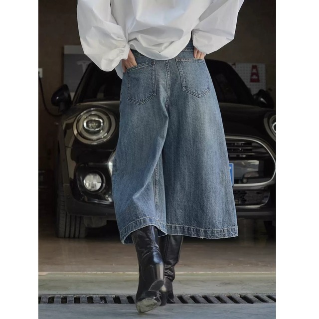 【ハイウエストクロップドワイドレッグ デニムパンツ】P00788