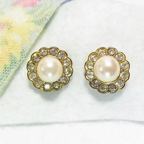 模造パールとクリアなラインストーンのラウンドピアス　コスチュームジュエリーのセール通販  11487P