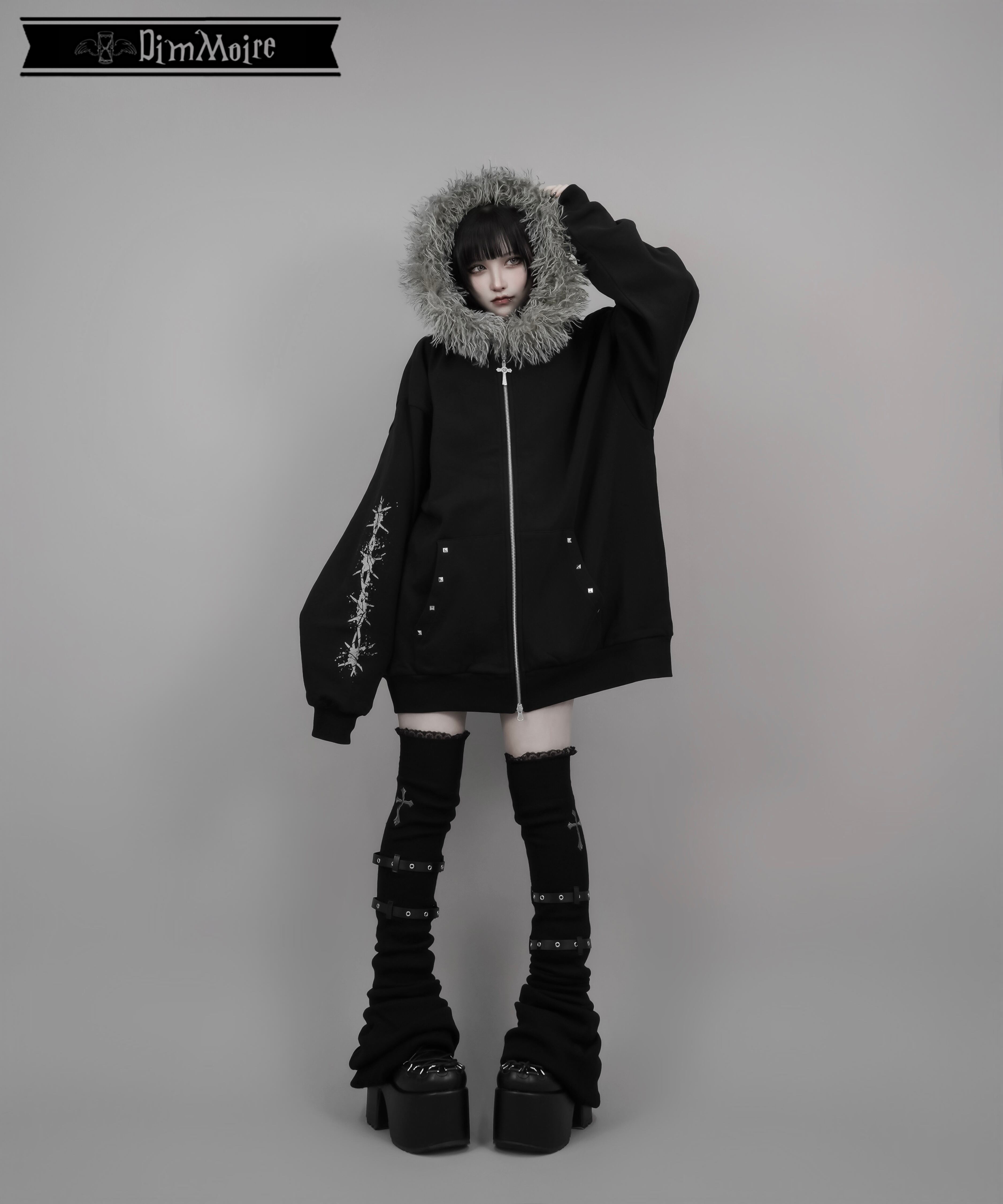 ディムモアール ファーフードGothicパーカー 翳し ブラック XL ロング丈