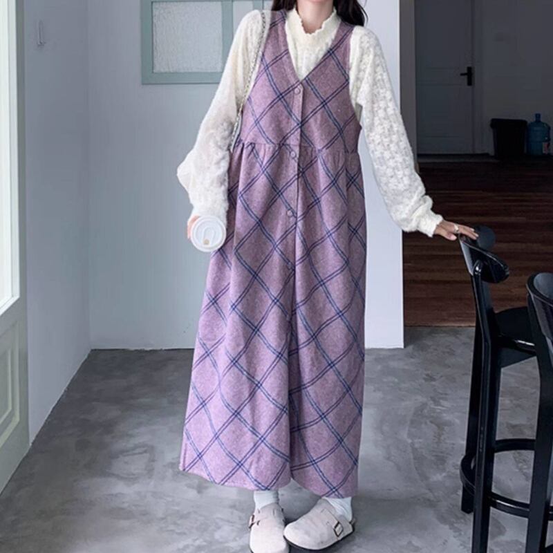 Mauve Plaid Button-Front Maxi Dress S0322