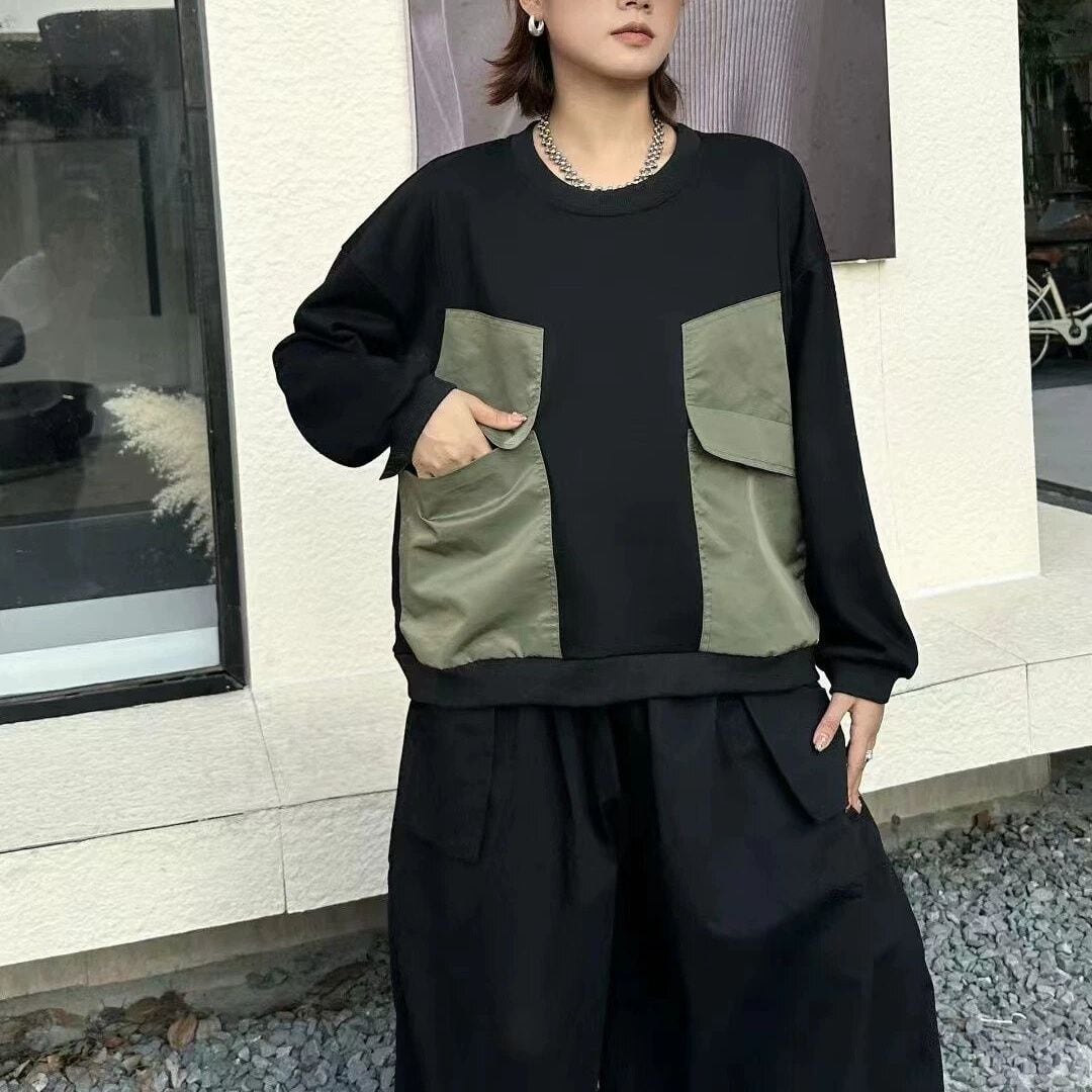 CONTRAST STITCH POCKET ROUND NECK SWEAT SHIRT 2colors M-15495