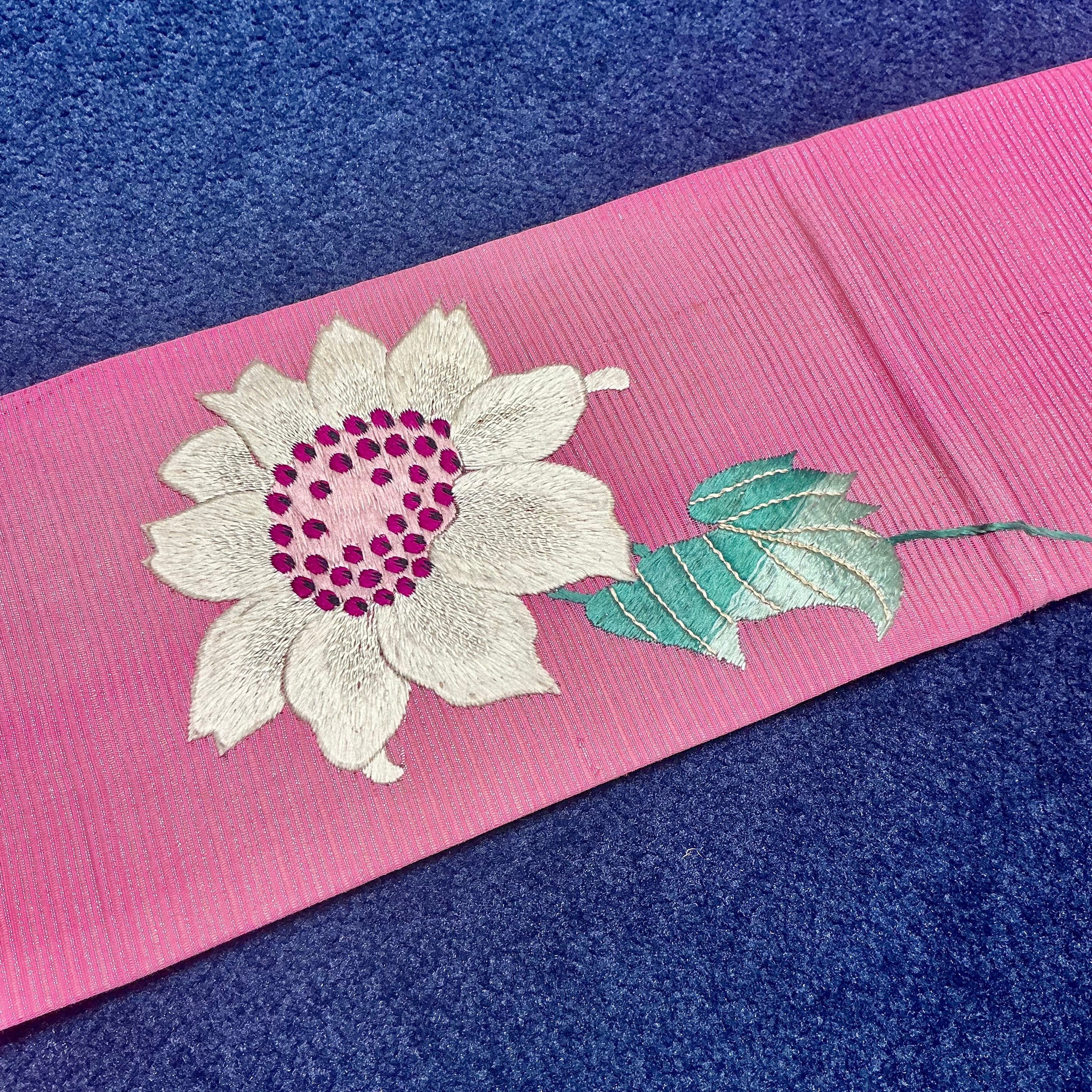 romantic summer＊夏帯 絽 ひまわり 向日葵 花 大柄 ピンク 刺繍