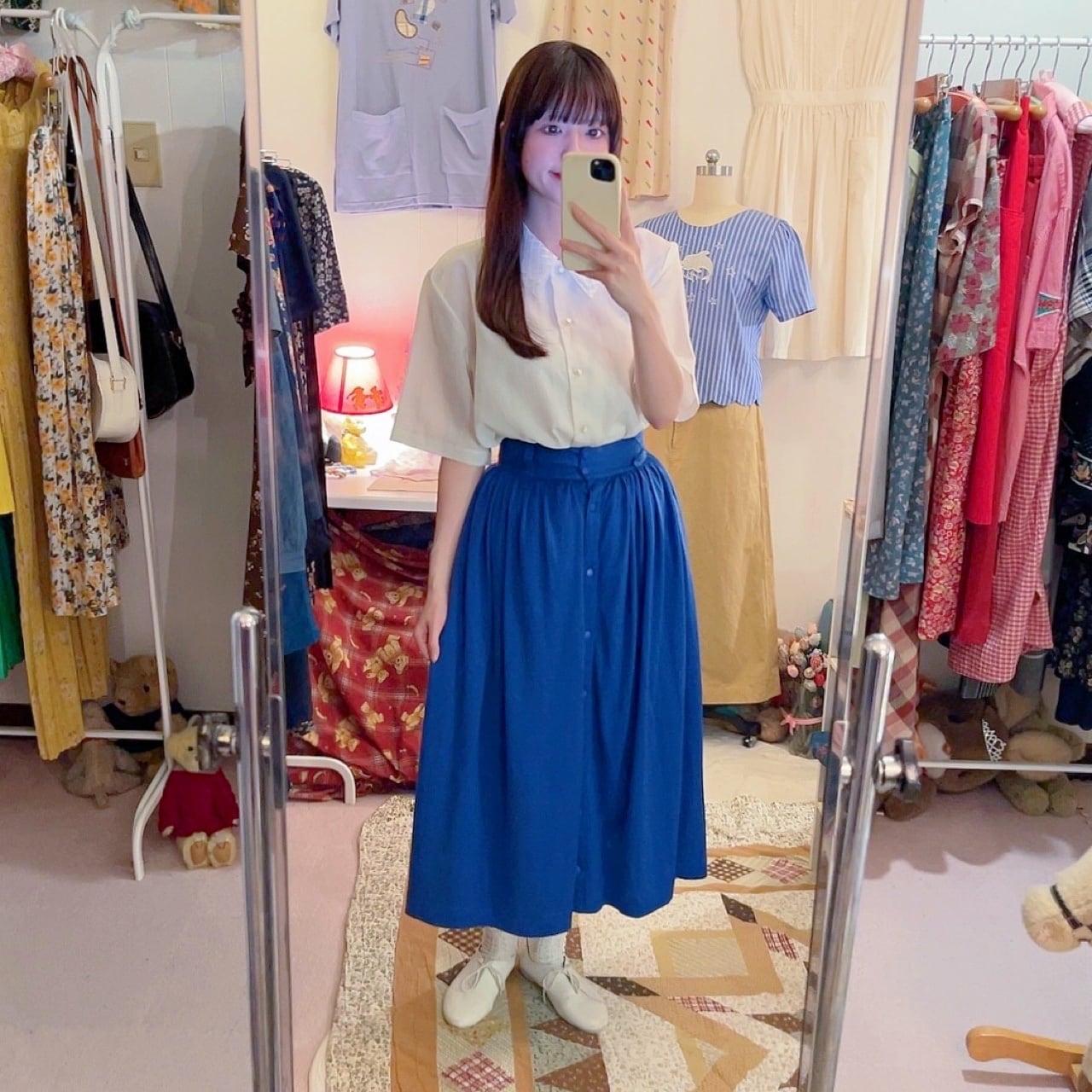 renoma / blue front button gather skirt