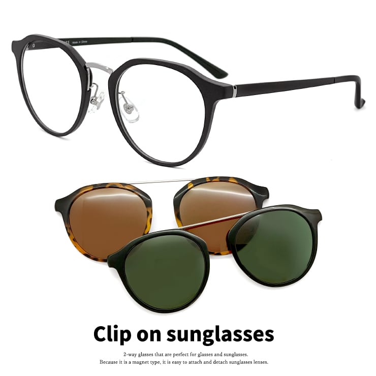 クリップオン サングラス 偏光 レンズ付き 眼鏡 3130-1 メガネ メンズ レディース ボストン 黒縁 黒 ブラック メガネ・サングラスの【 サングラスドッグ】