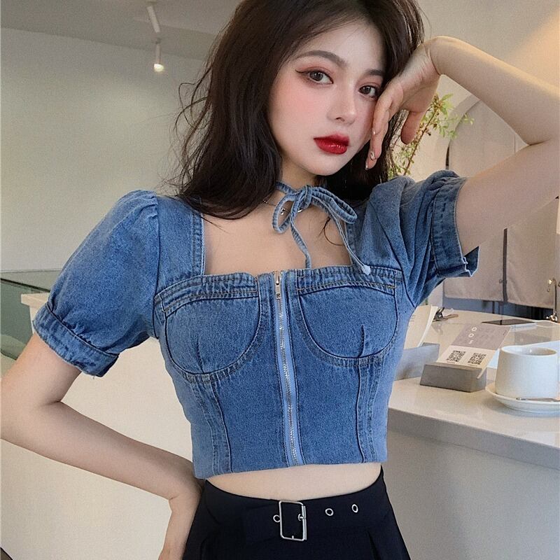セットアップ パフスリーブ デニムシャツ ロングスカート 韓国 レトロ ガーリー レースアップ チョーカー風 デニム トップス