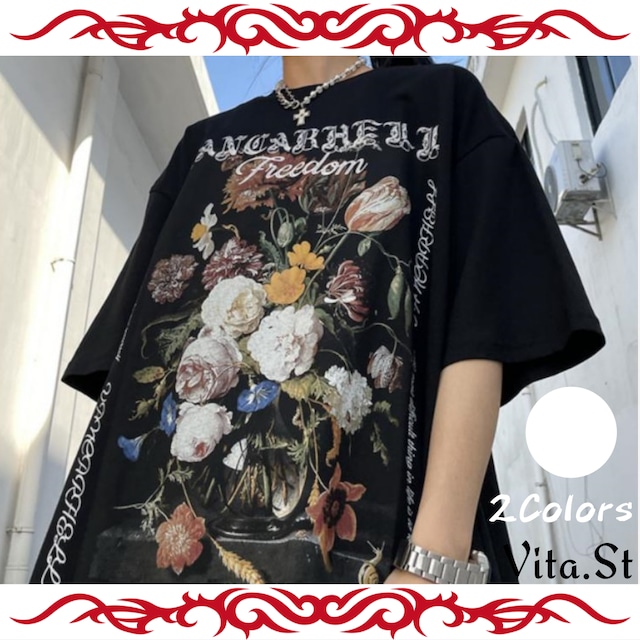 油絵風　フラワープリントTシャツ【VS0865】