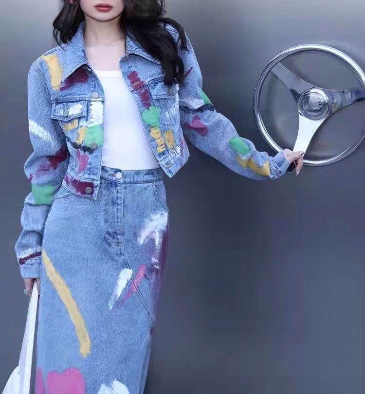 セットアップ】ペイント スカート デニム 水色 ャケット 花柄 フラワー