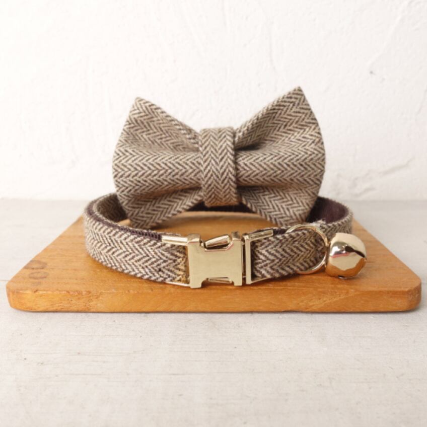 おなまえ猫首輪【ベージュ×ヘリンボーン】
