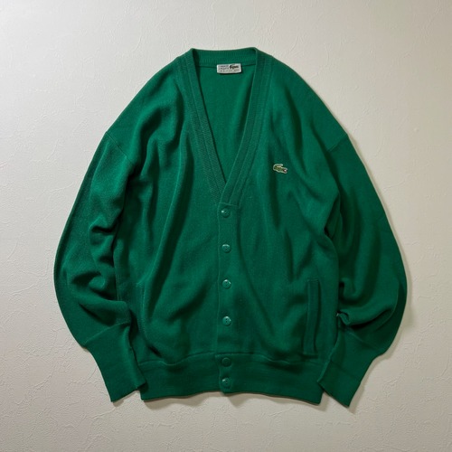 80s spain LACOSTE　アクリル　ワンポイントロゴ　カーディガン　ラコステ　グリーン　M 古着