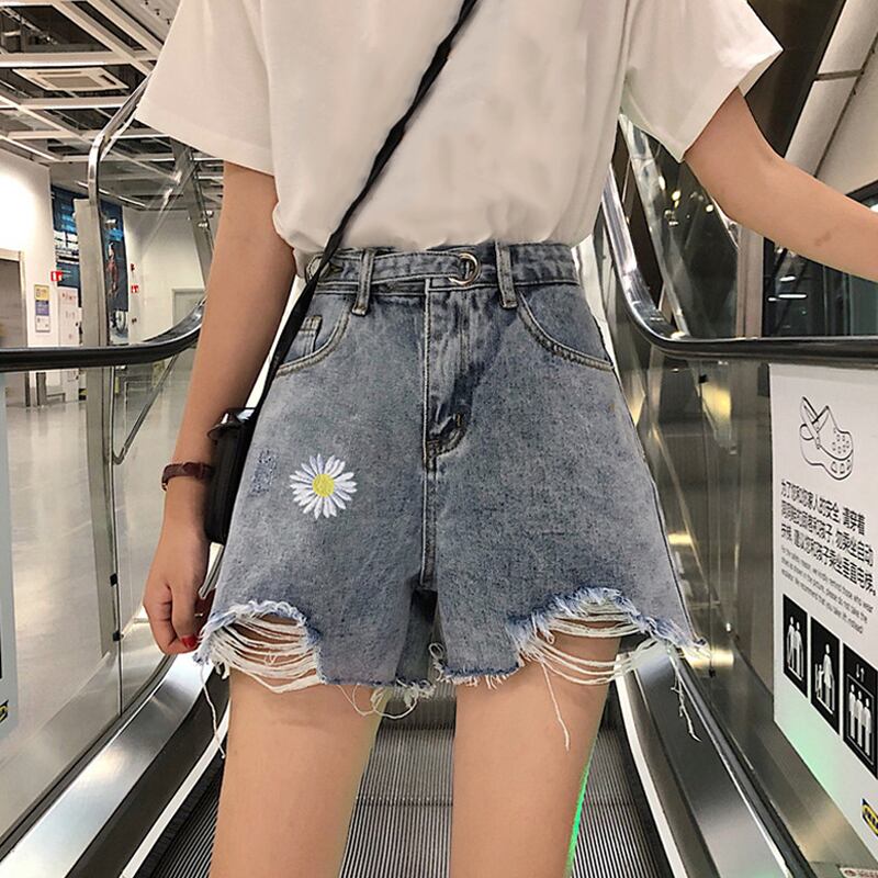 2020年夏のニュースタイルスモールデイジーリップドパンツハイウエストルーズストレートワイドレッグジーンズレディースショーツパンツ 1号婦人6255167555