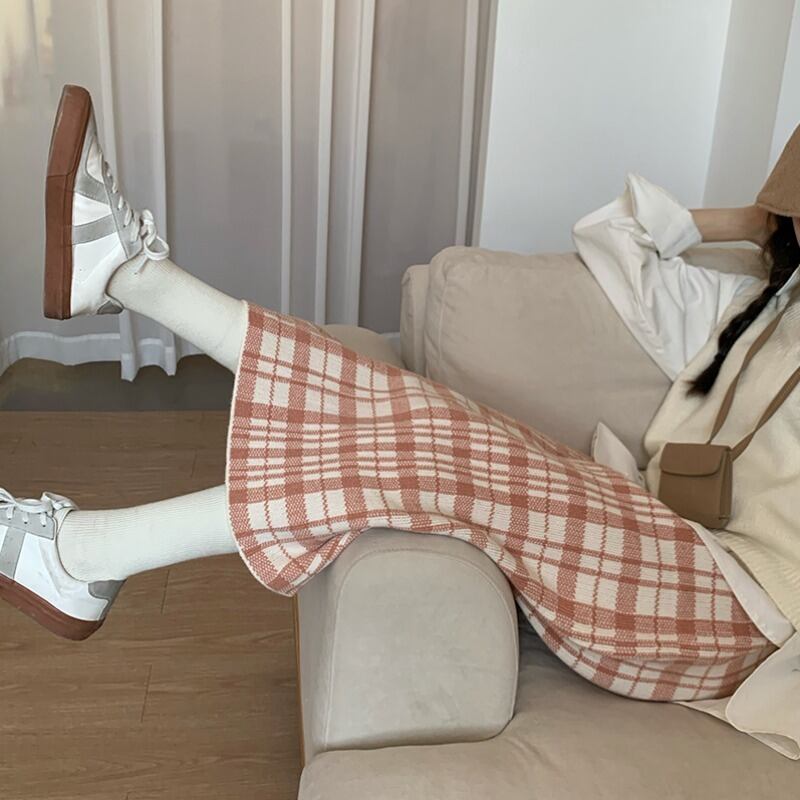 スプリングオータムハイウェストウェスト格子柄ニットスカート カジュアル 春物 秋物 萌量不足890757414