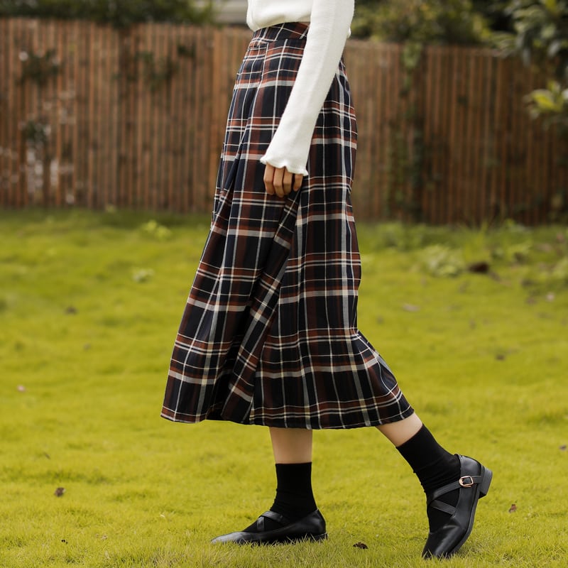 秋 冬 レディース プリーツスカート チェック柄 ミドル丈 ハイウエスト