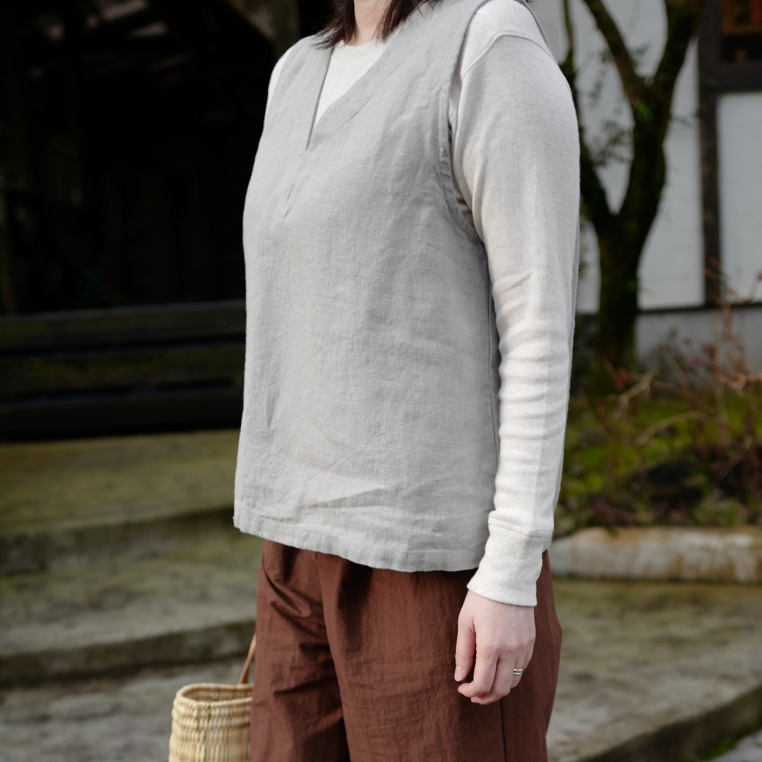fog Inen work ロングベスト 別注》fog linen work｜厚地リネンVネックベスト・ジレ（col.グリー