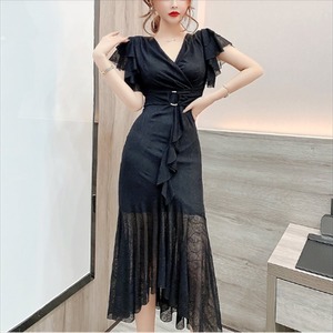 【送料無料】 ロングドレス 2色 ドレス 衣装 パーティドレス カラードレス ロング ミモレ 袖あり 半袖 フレア袖 フレアスリーブ Vネック Aライン フレア フリル レース 透け感 シースルー 薄手生地 エレガント 上品 可愛い きれいめ シンプル シック 華やか おしゃれ お洒落 主役級 こなれ感 高見え 高級感 夏 20代 30代 40代 レディース 女性用 結婚式 二次会 パーティ ファッション 脚長 定番 ブラック ブルー ピンク 大人カラー