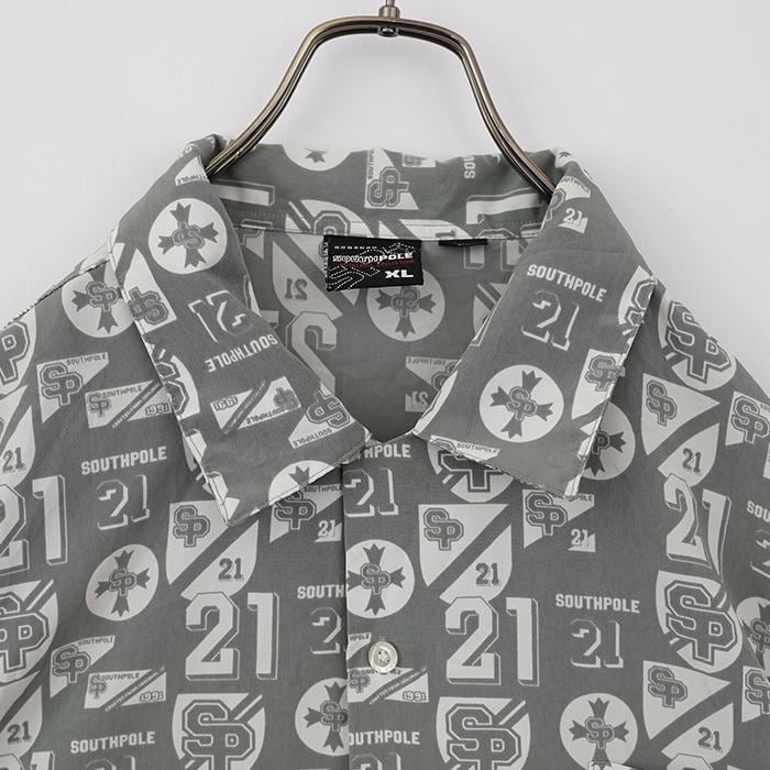 サウスポール ポケットロゴ刺繍 開襟半袖シャツ ヒップホップシャツ L グレー白
