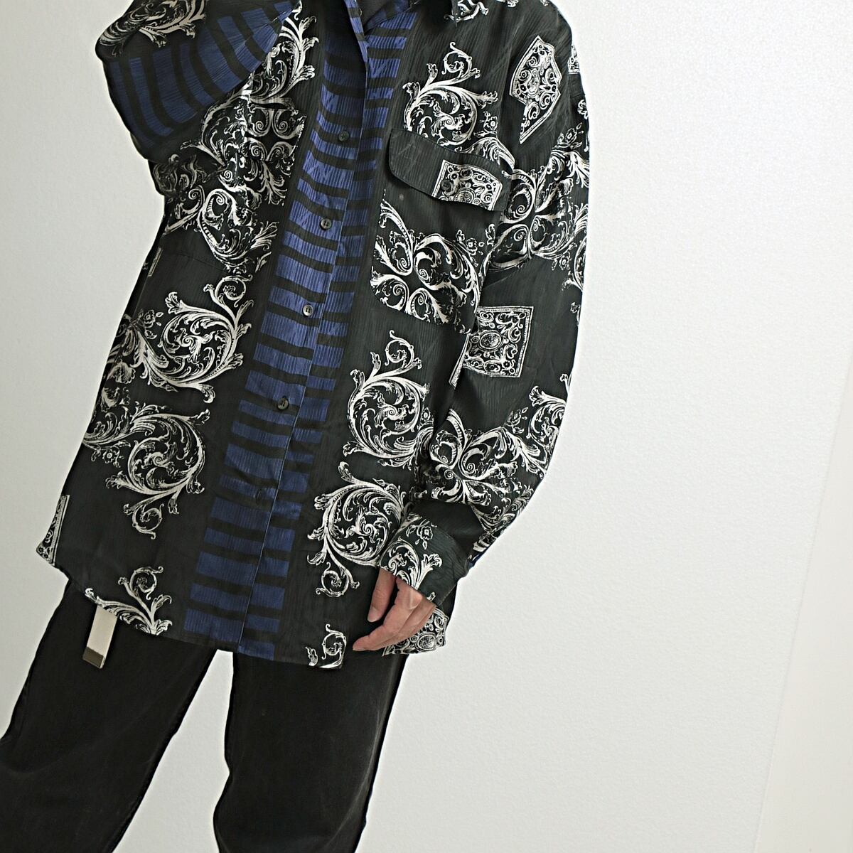 80-90s GOOUCH ”damask border” 総柄 シルク 長袖 シャツ 古着 used