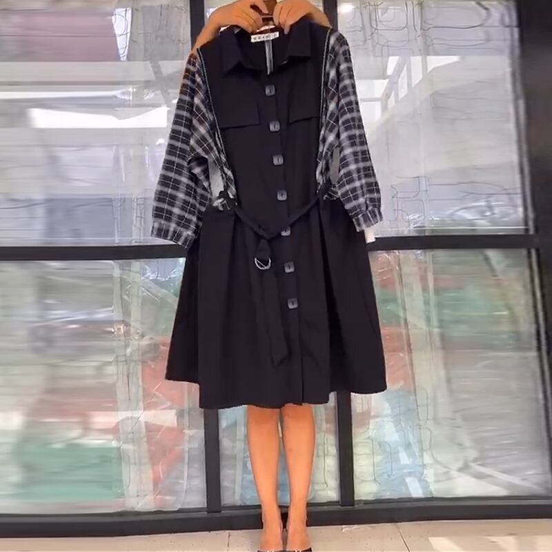 2020年秋新しいプラスサイズの女性の脂肪mm年齢削減痩身軽い成熟したベルトドレスステッチ秋 ミックスインファッション37451466810