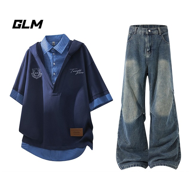 ♥これ一枚で、おしゃれな"着こなし上手"！【WSシリーズ】★POLOシャツ★ 3color パーカー トップス ユニセックス 半袖 フェイクレイヤード チェック柄