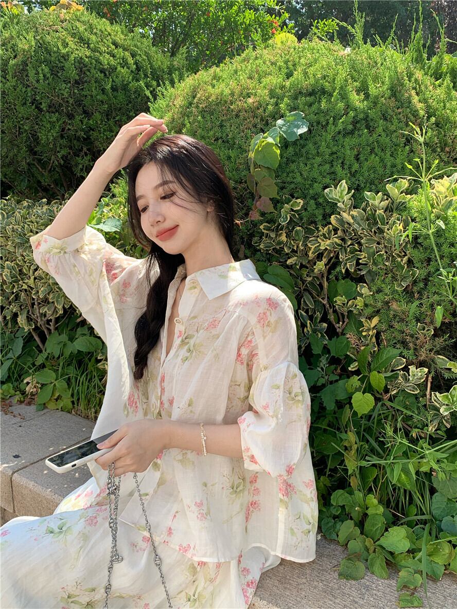 シフォンフローラルシャツ ルーズジャケット サマー薄手トップス 夏物 花柄 ブラックストロベリース30289416714