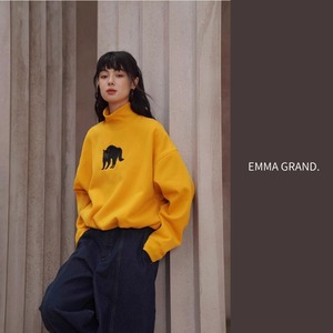 黒猫ワンポイント裾バルーンイエローハイネックトレーナー　E00608