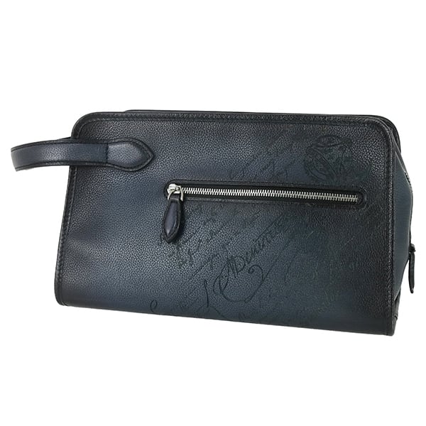 Used Berluti ベルルッティ セカンドバッグ モーニング スクリットレザー トイレタリーポーチ インディゴデニム ハンドル付き メンズ 中古 A 美品