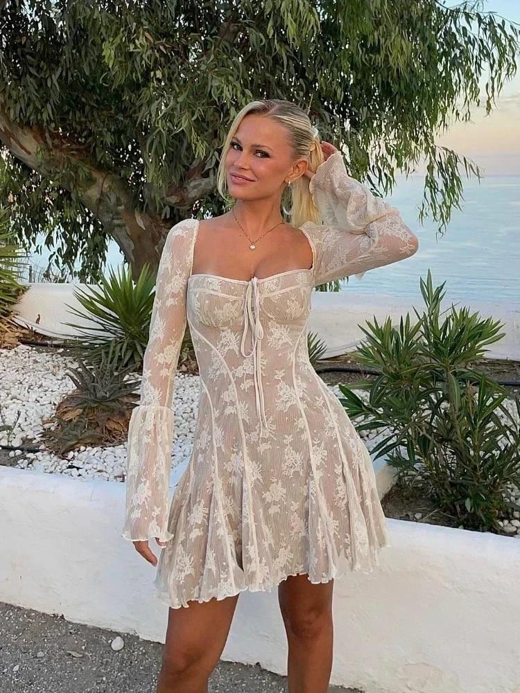 サンハートハート-女性のエレガントでかわいいレースフレアスリーブ、ショート、ライン、誕生日パーティー、夏、2023