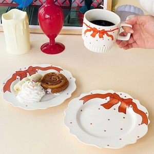 ribbon dot mug plate set / リボン ドット マグカップ プレート セット コップ 皿 韓国 雑貨