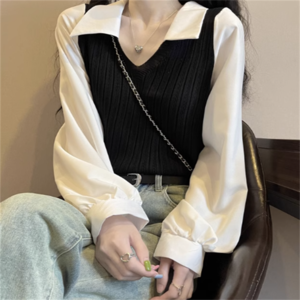 【送料無料】 トップス 2色 ブラウス セーター 袖あり 長袖 Vネック プルオーバー 襟付き バイカラー 異素材切り替え ドッキング ニット かわいい 大人可愛い 大人女子 こなれ感 シンプル カジュアル 大人 上品 おしゃれ お洒落 コンサバ エレガント 無地 秋 30代 40代 レディース 女性用 ママ デート お出かけ お茶会 女子会 休日 授業参観 オフィス 着回し プチプライス カラバリ デイリーユース 普段使い オルチャン 韓国 ファッション コーデ スタイル 定番アイテム 着痩せ