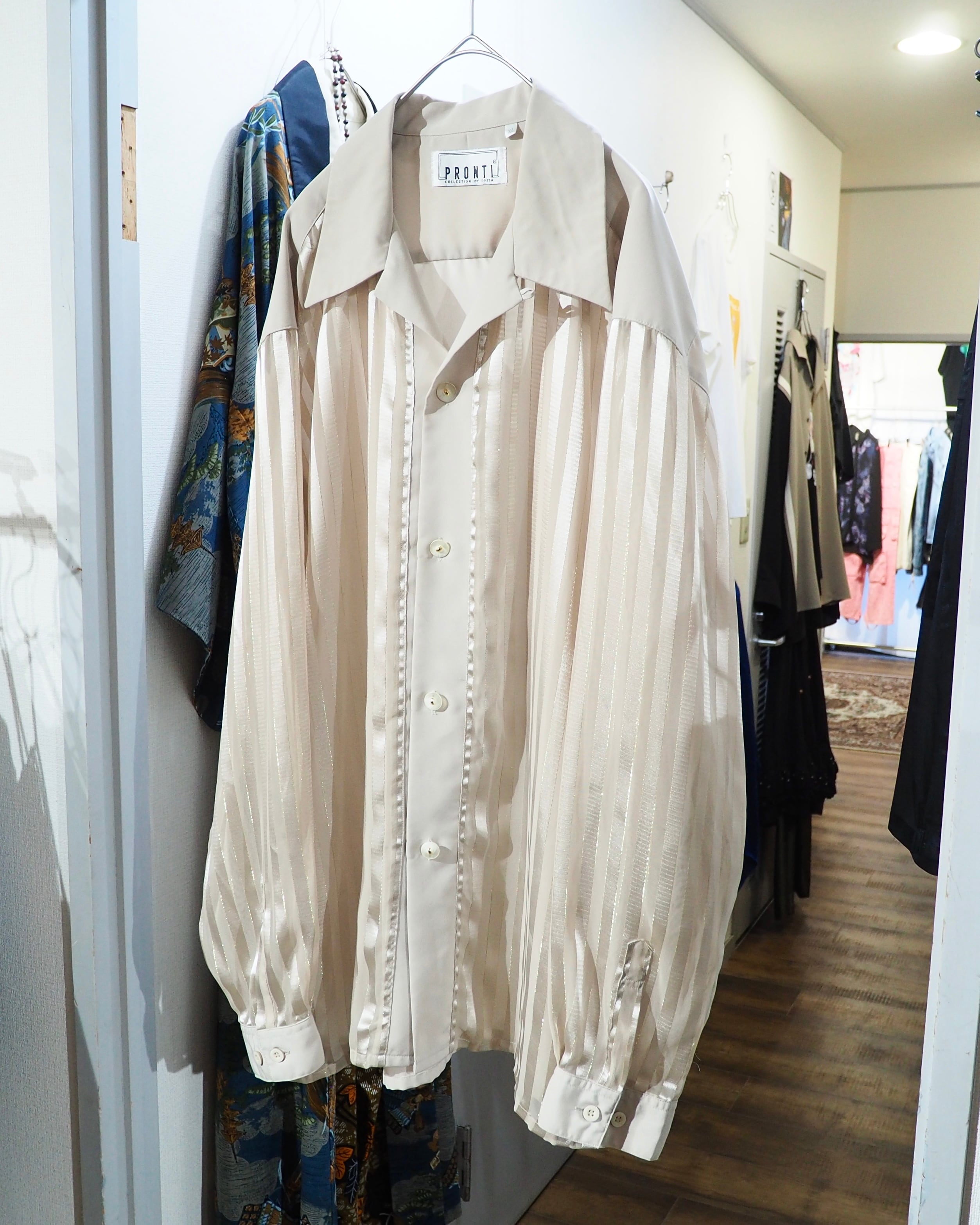 1990s " PRONTI " Sheer stripe Design vintage Drape loose Open collar Shirt