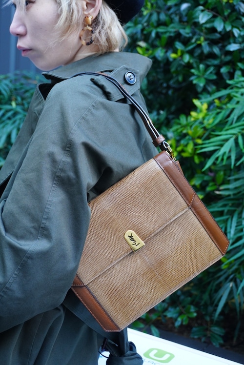 Yves Saint Laurent イヴ・サンローラン ハンドバッグ ブラウン YSL リザード型押し セミショルダー vintage ヴィンテージ オールド 2hmb86