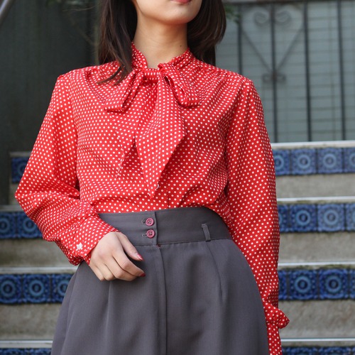 70's USA VINTAGE LeeMar DOT PATTERNED RIBBON TIE BLOUSE/70年代アメリカ古着ドット柄リボンタイブラウス