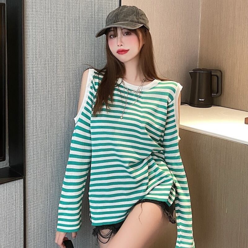 ルーズ薄手ラウンドネックトップス サマーストライプレッドセーター ロング 夏物 Oネック オフショルダー YY-ファッション43117666374