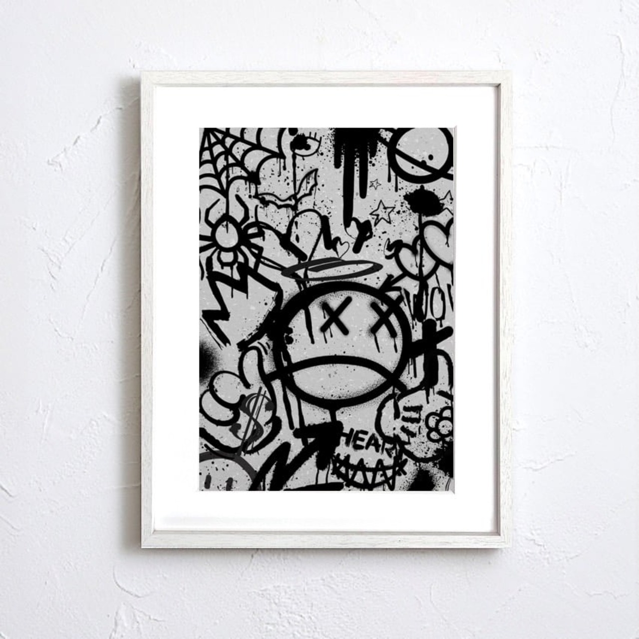 落書き｜アナーキーなモチーフが躍るモノクログラフィティアートポスター｜ストリート×ポップの刺激的デザイン｜A3ポスター