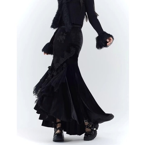 asymmetric lace velour long skirt / l0213