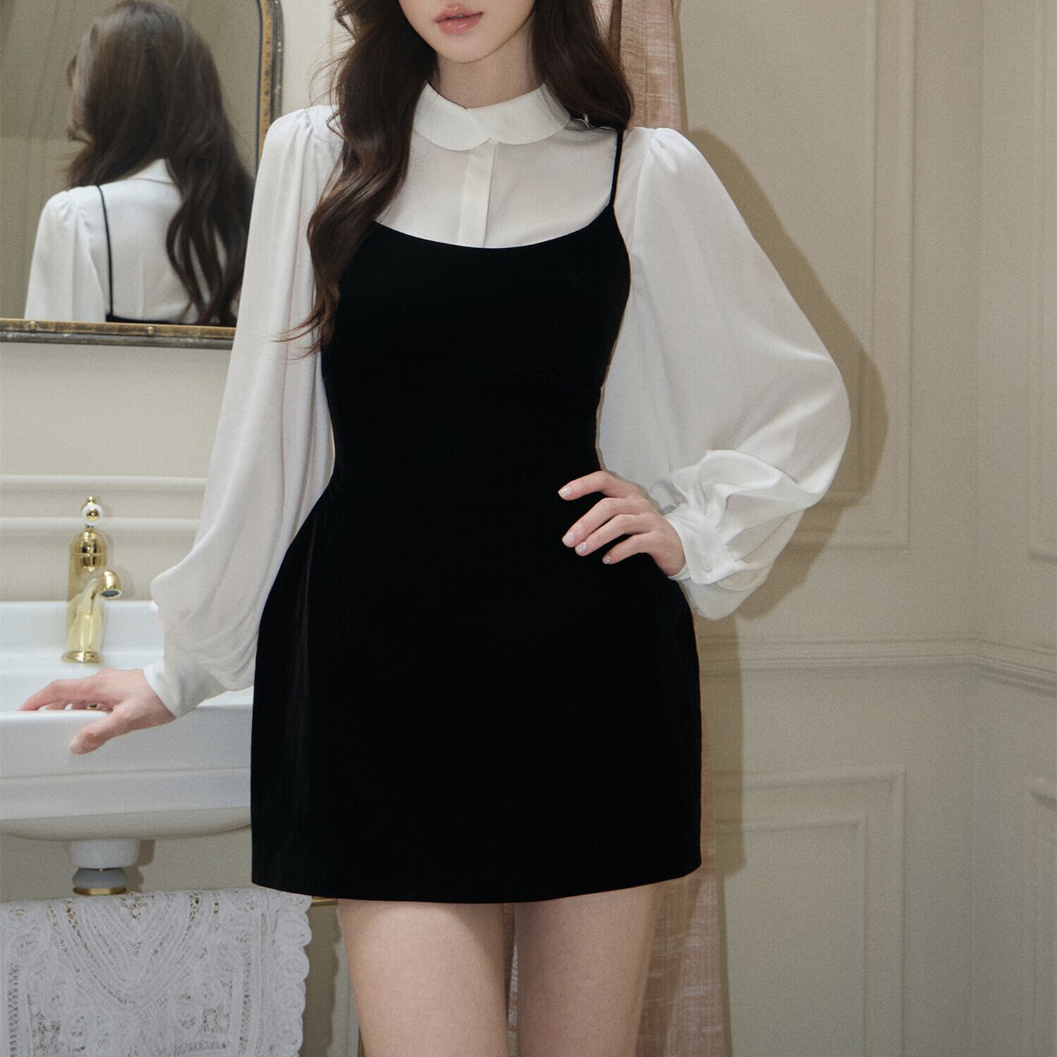 【set】パフスリーブブラウス×キャミワンピースセット N3384