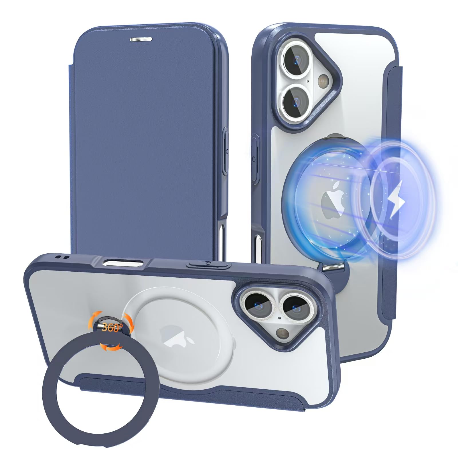 【クリア仕様の手帳型・360°回転スタンド】smhokesu iPhone 17 用 ケース カード収納 MagSafe対応 リング付き 360°回転スタンド 縦横回転 クリア仕様を引き継いだ手帳型 レザー素材 軽い 薄型 耐衝撃いphone 17 スマホケース 全面保護 アイフォン 17 携帯カバー マグセーフ対応 おしゃれ ブルー