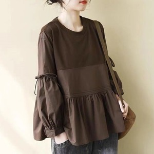 レディース トップス シャツ 長袖 ボリューム袖 ラウンドネック 襟なし フレア リボン 切り替えデザイン ドッキング かわいい 大人可愛い シンプル おしゃれ こなれ感 ラフ ガーリー ルーズ キュート クラシカル 無地 春 秋 ママ オフィス ビジネス 通勤 学生 通学 デート お出かけ レストラン 女子会 休日 ショッピング お花見 カフェ お揃い 双子 韓国 オルチャン 楽ちん 体型カバー 普段使い 着回し モテ 清楚 流行 M L XL 2XL ゆったり ゆる 黒 ブラック 茶色 ブラウン