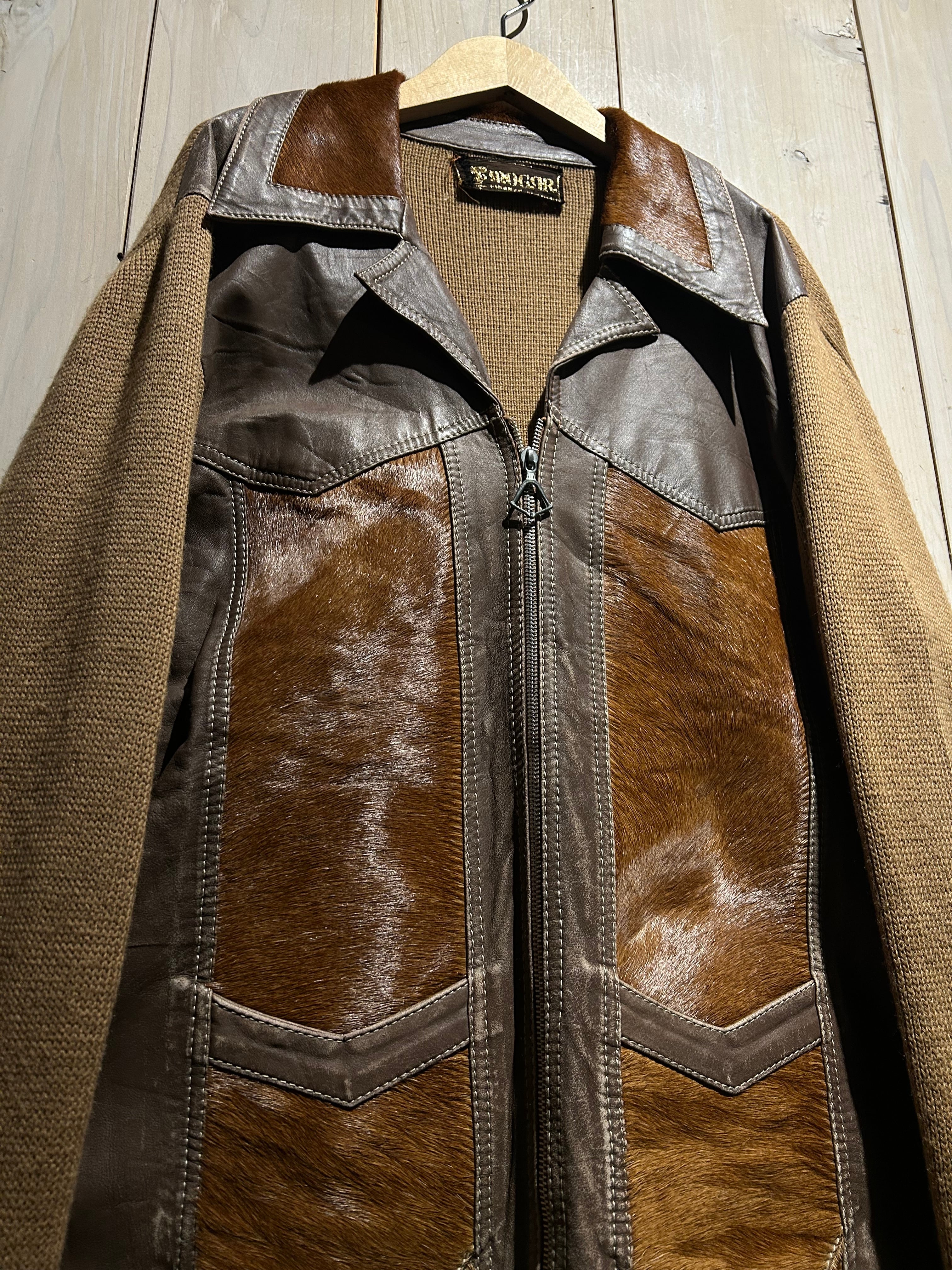 【中古】ヴィンテージ VINTAGE 70s ハラコレザー × ニット ジップアップ ジャケット ブラウン UNBORN CALF a.k.a.C.a.k.a vintage】70's Unborn Calf × Leather Switching