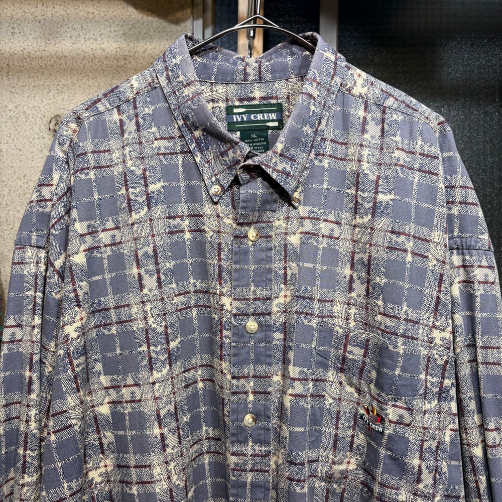 90s~ IVY CREW アイビークルー 総柄 ペイズリー オン チェック B.D. シャツ ボタンダウン ロゴ刺繍 長袖シャツ コットンシャツ グレー ヴィンテージ ビンテージ USA アメリカ古着 メンズXLサイズ