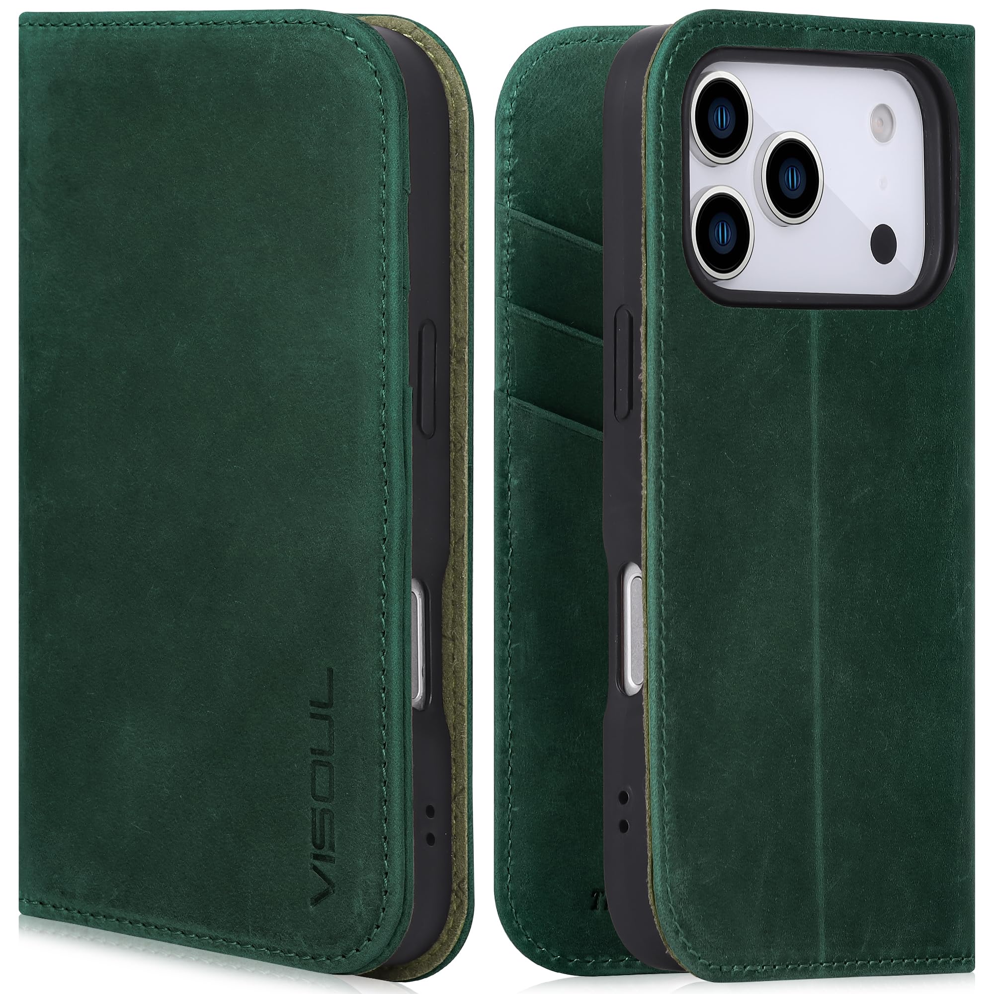 VISOUL iPhone 18 Pro/17 Pro 対応 ケース 手帳型 本革レザー 2026年発売 6.3インチ グリーン