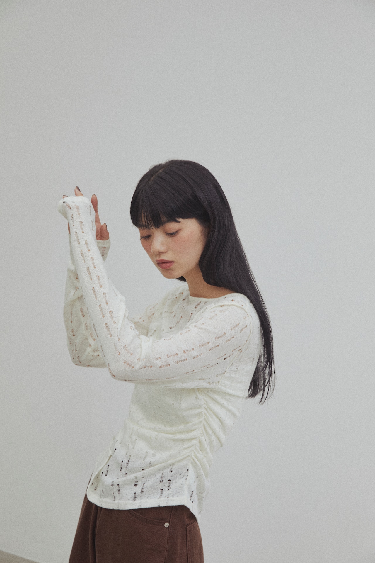 DU250726 Gather Knit Like Jacquard Tops