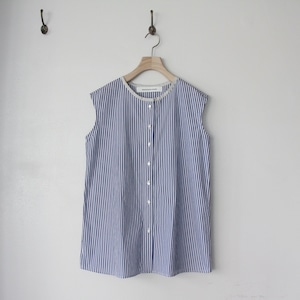 Houttuynia cordata　ノーカラーブラウス ノースリーブ blue london stripe