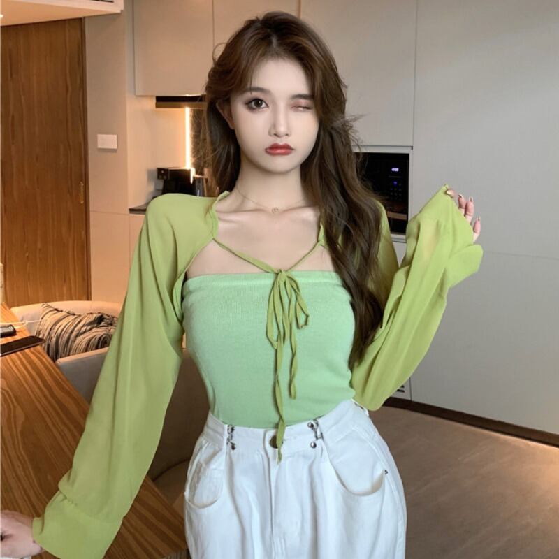 オータムトップス ブラウス 長袖スリーブカーディガン ロング 秋物 ハンチェンe24373592475