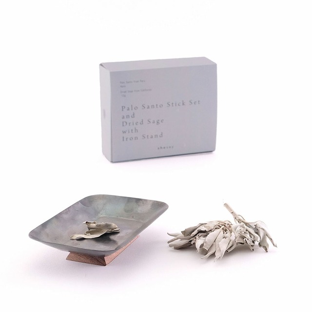 ペルー産パロサント（4本）とセージ（10g）とアイアンと木の台セット／浄化
